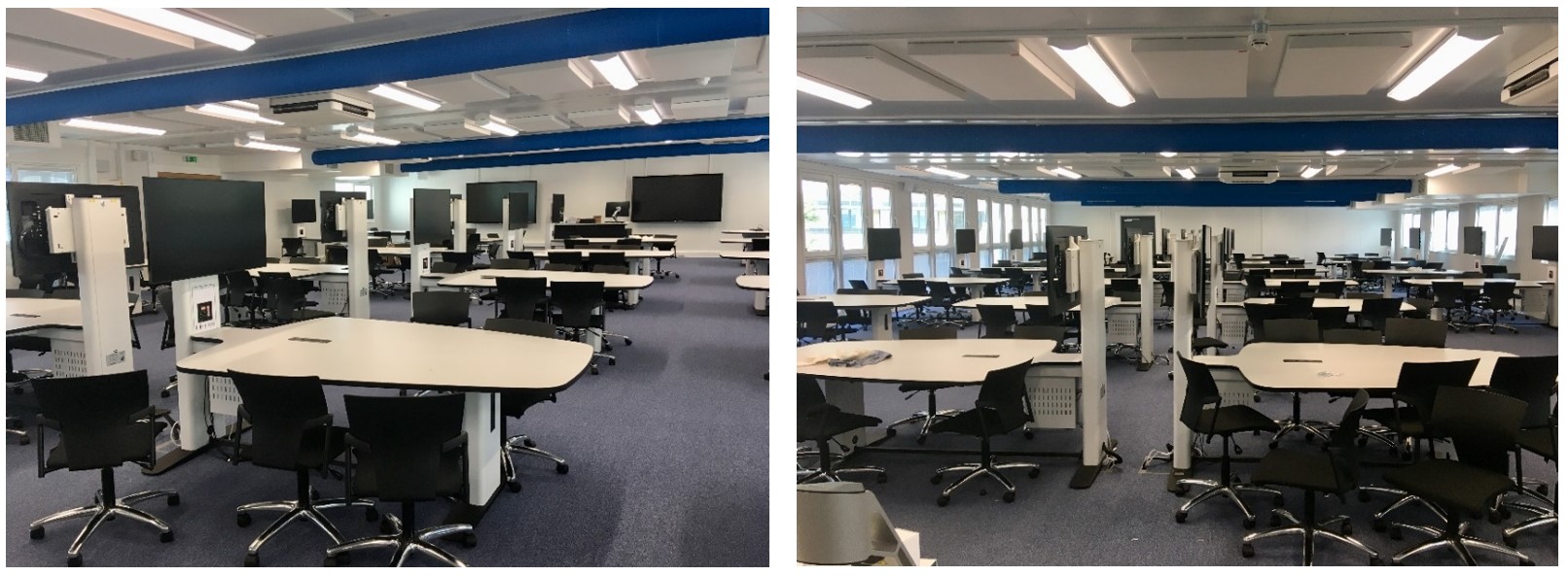 Groups of collaboration desks and chairs spaced around the room.